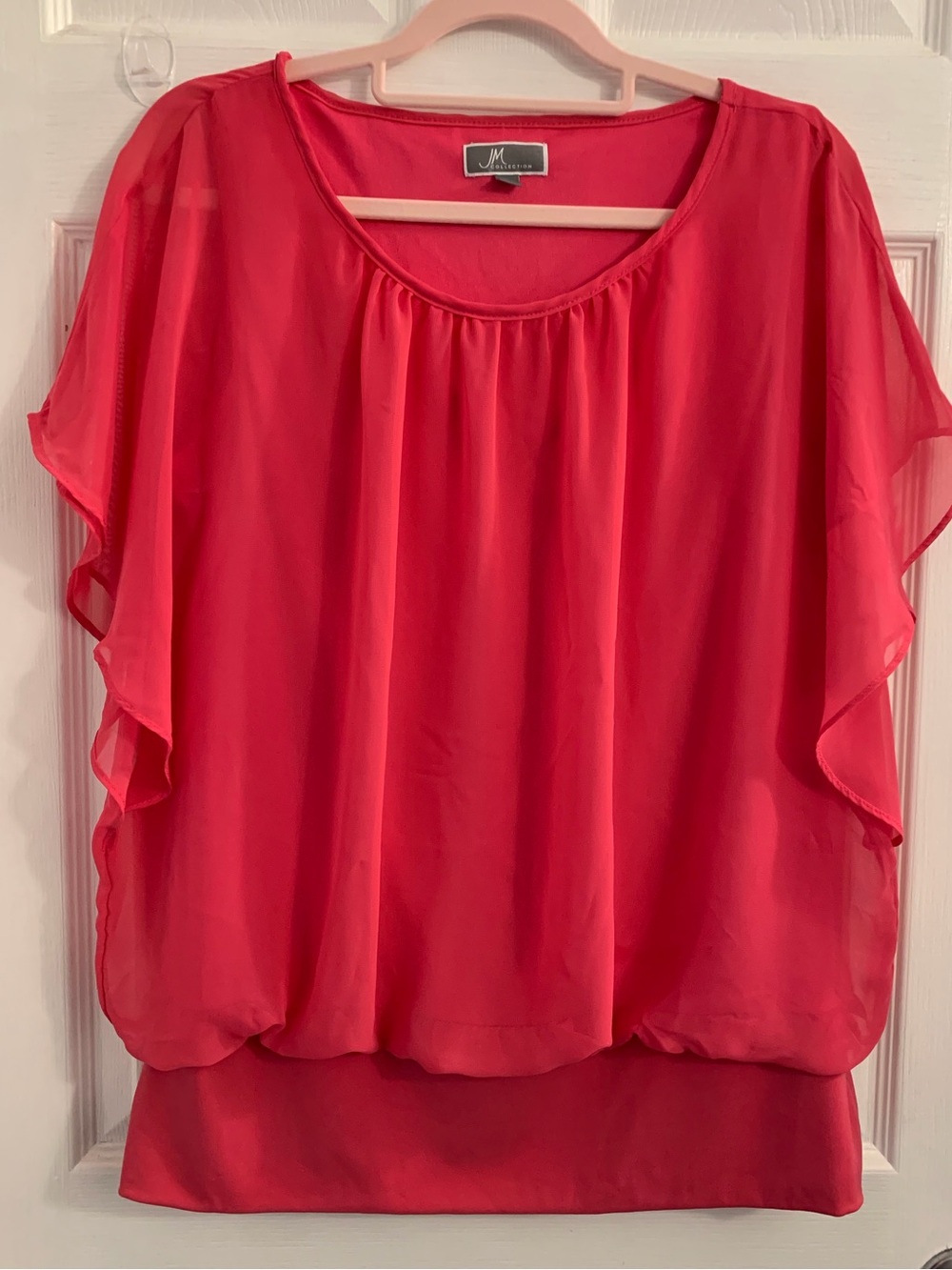 JM Collection Coral-Red Flutter Sleeve Blouse. Size large $10